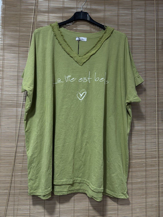 GRANDE TAILLE - T-shirt La Vie est Belle vert olive
