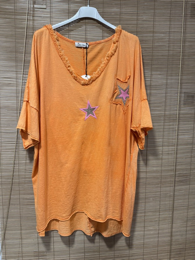 GRANDE TAILLE - T-shirt étoile orange fluo
