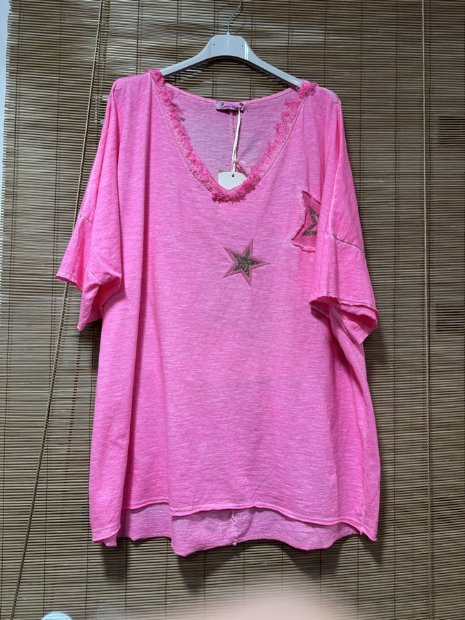 GRANDE TAILLE - T-shirt étoile rose fluo