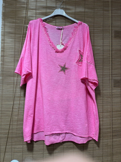 GRANDE TAILLE - T-shirt étoile rose fluo