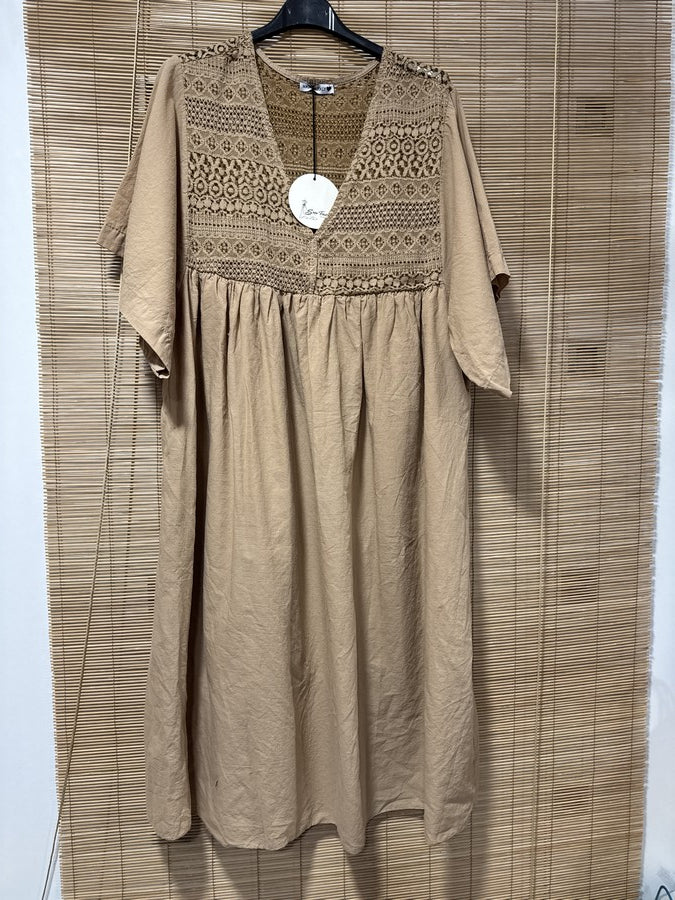 GRANDE TAILLE - Robe voile de coton broderies camel