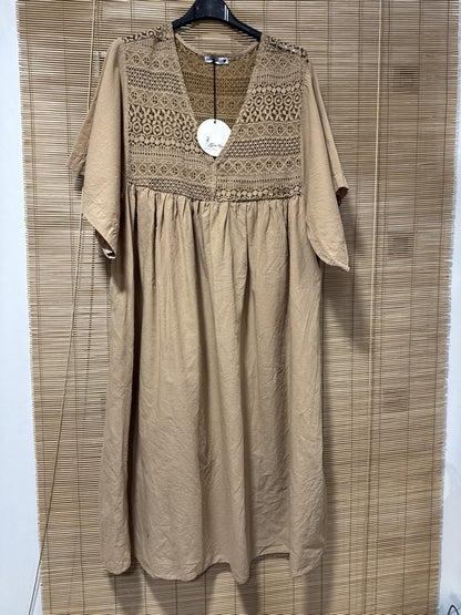 GRANDE TAILLE - Robe voile de coton broderies camel