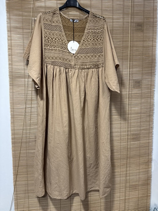GRANDE TAILLE - Robe voile de coton broderies camel