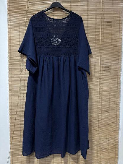 GRANDE TAILLE - Robe voile de coton broderies bleu marine