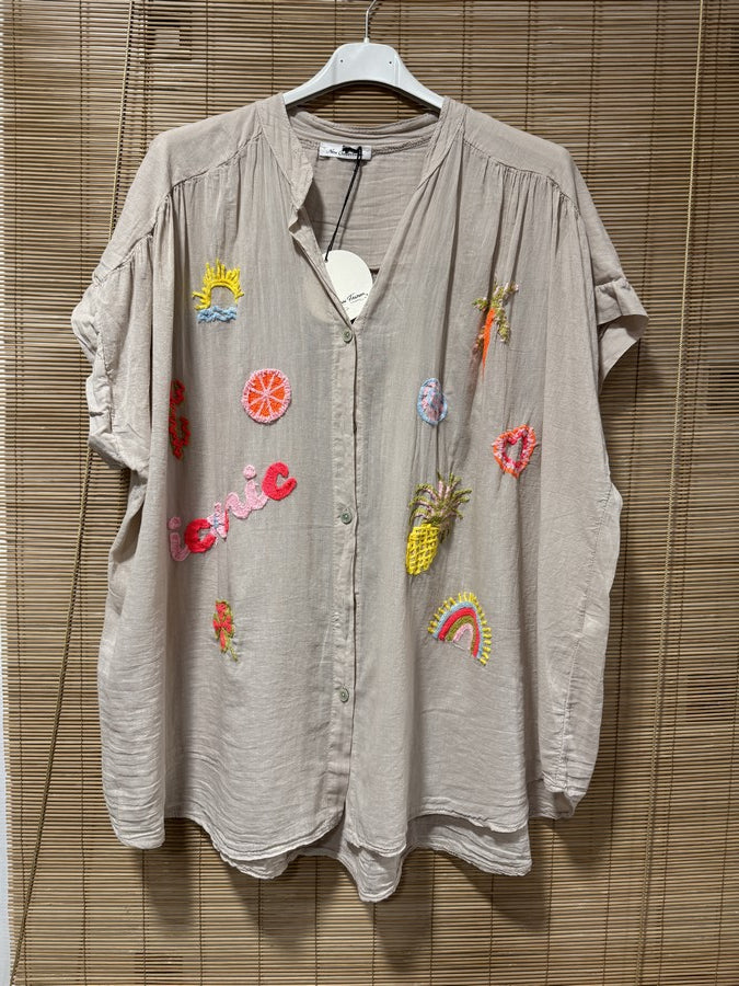 GRANDE TAILLE - Chemise voile de coton brodée fantaisie sable
