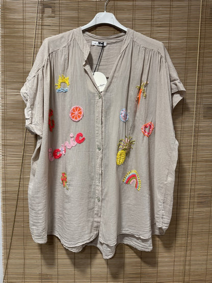 GRANDE TAILLE - Chemise voile de coton brodée fantaisie sable