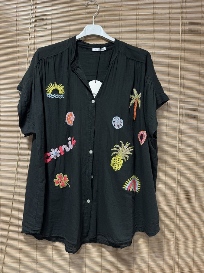 GRANDE TAILLE - Chemise voile de coton brodée fantaisie noire