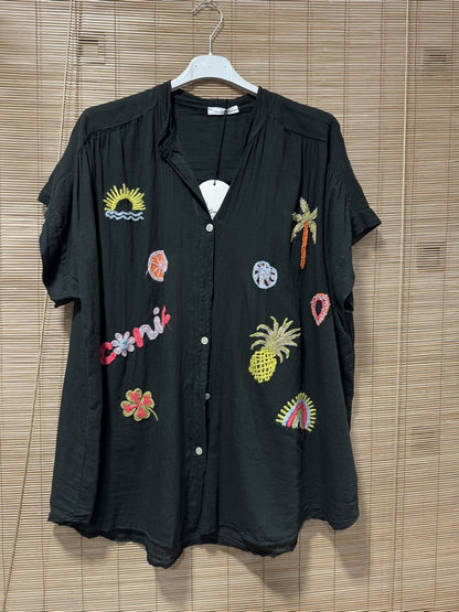 GRANDE TAILLE - Chemise voile de coton brodée fantaisie noire