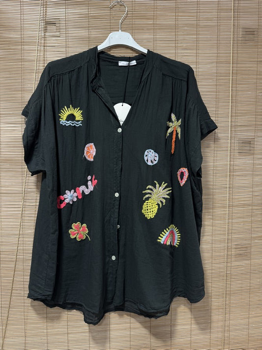 GRANDE TAILLE - Chemise voile de coton brodée fantaisie noire