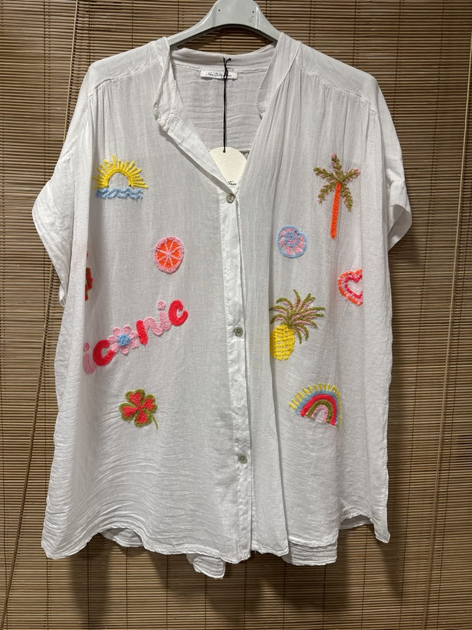 GRANDE TAILLE - Chemise voile de coton brodée fantaisie blanche