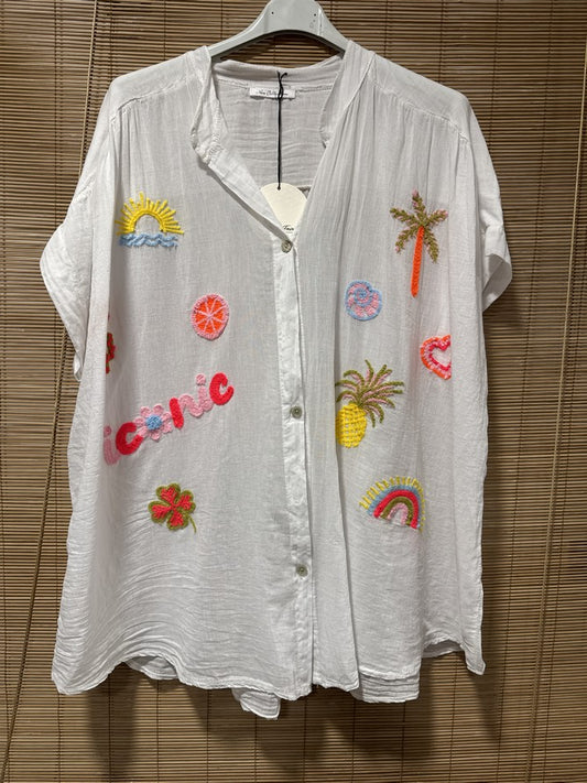GRANDE TAILLE - Chemise voile de coton brodée fantaisie blanche