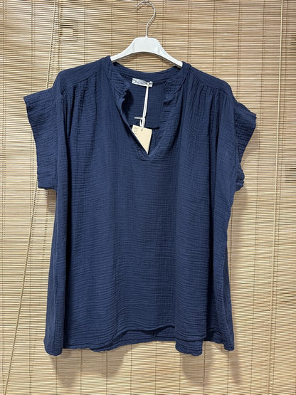 GRANDE TAILLE - Blouse gaze de coton bleu marine