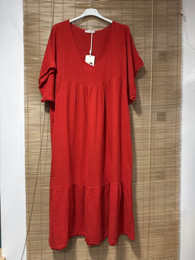 GRANDE TAILLE - Robe longue en gaze de coton rouge