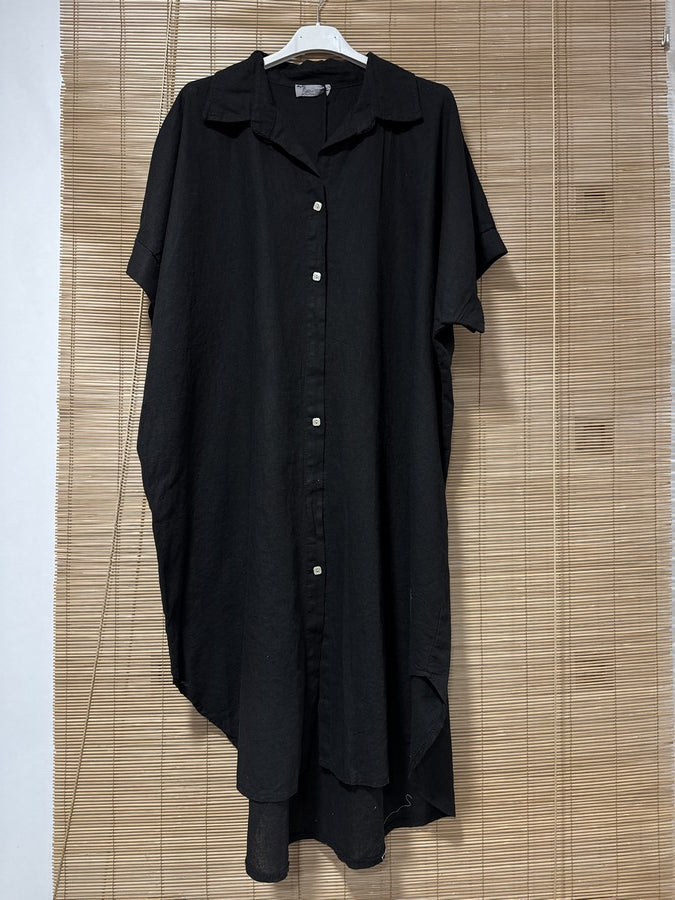 GRANDE TAILLE - Robe chemise lin/coton noire
