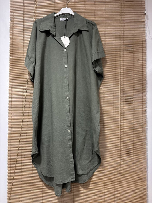 GRANDE TAILLE - Robe chemise lin/coton kaki