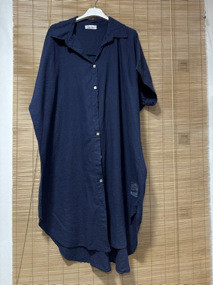 GRANDE TAILLE - Robe chemise lin/coton bleu marine