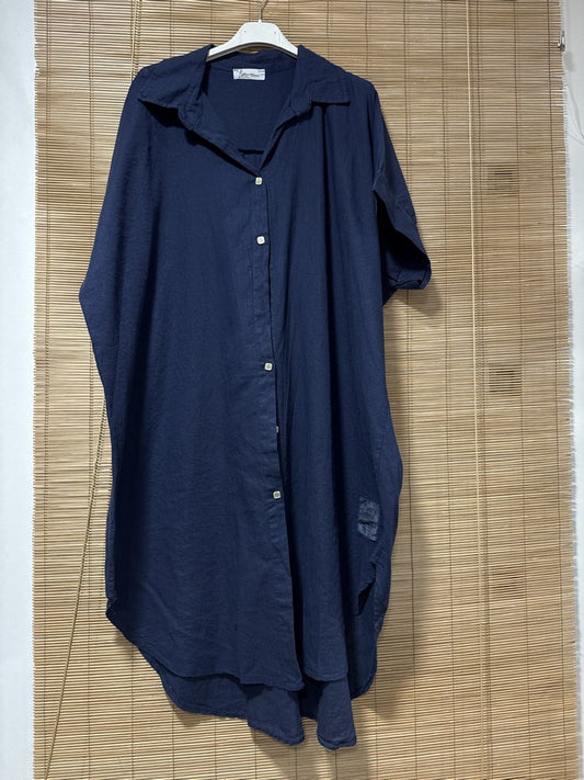 GRANDE TAILLE - Robe chemise lin/coton bleu marine