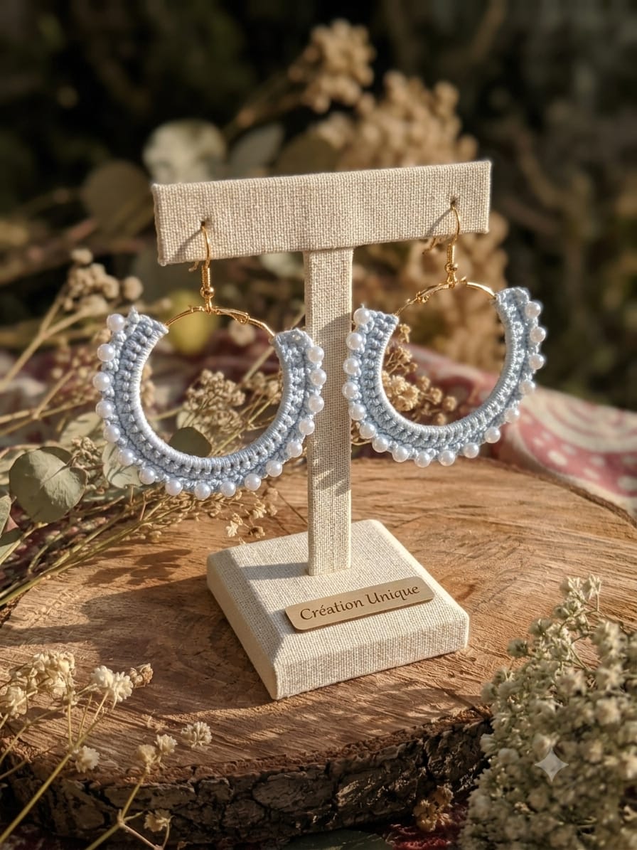 Boucles d'oreilles bleu ciel perlées