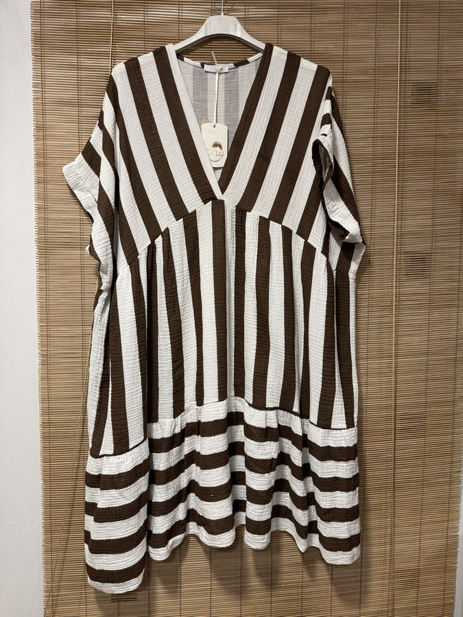 GRANDE TAILLE - Robe gaze de coton rayée chocolat