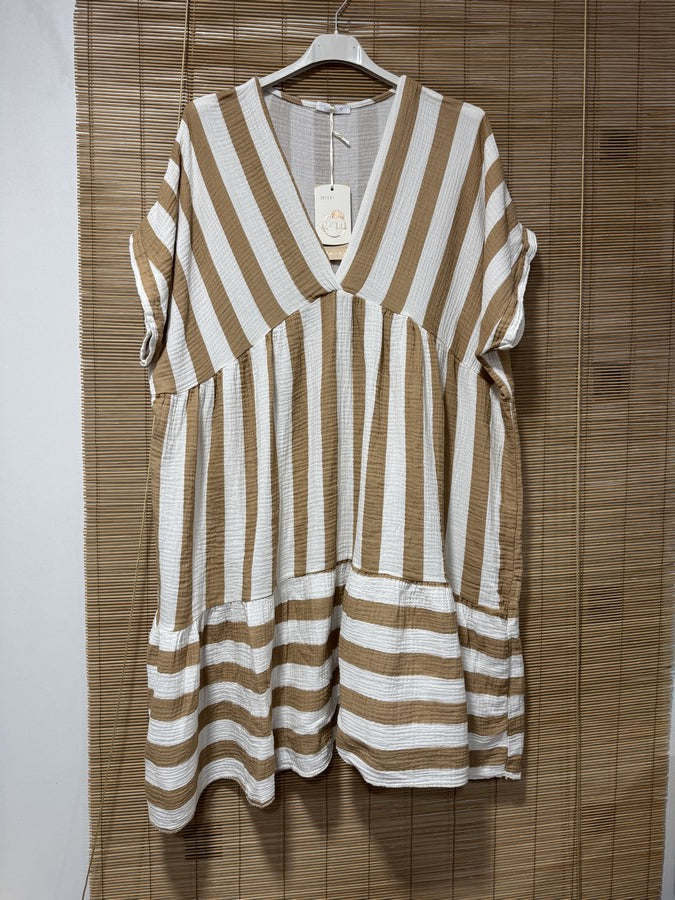 GRANDE TAILLE - Robe gaze de coton rayée beige