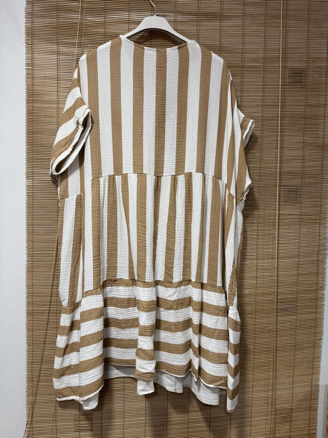 GRANDE TAILLE - Robe gaze de coton rayée beige