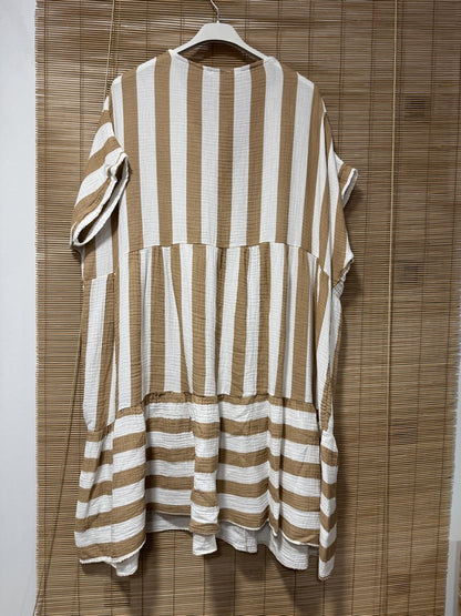 GRANDE TAILLE - Robe gaze de coton rayée beige