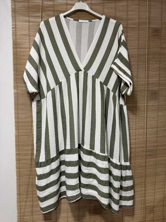 GRANDE TAILLE - Robe gaze de coton rayée kaki