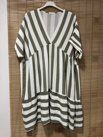 GRANDE TAILLE - Robe gaze de coton rayée kaki