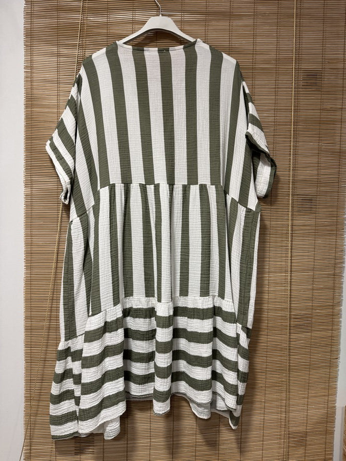 GRANDE TAILLE - Robe gaze de coton rayée kaki