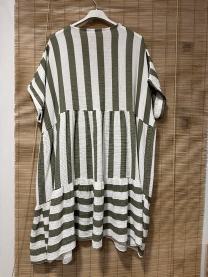 GRANDE TAILLE - Robe gaze de coton rayée kaki
