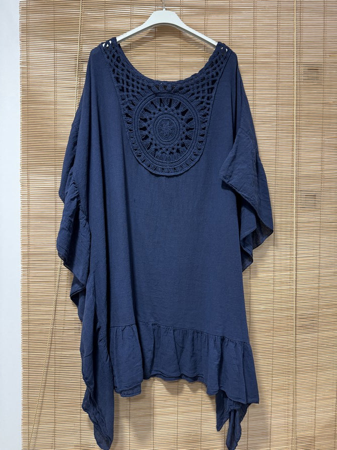 GRANDE TAILLE - Robe tunique dos brodé bleu marine