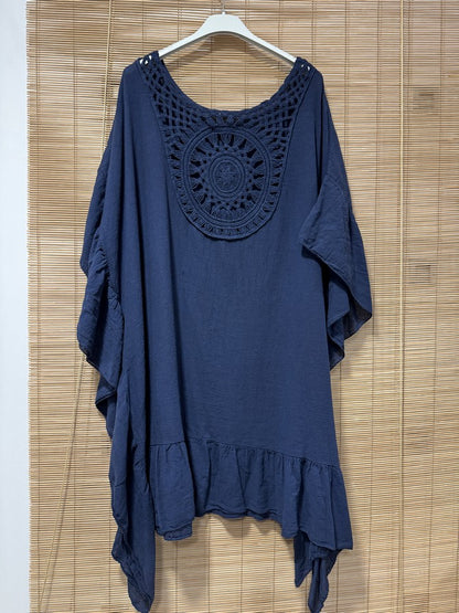 GRANDE TAILLE - Robe tunique dos brodé bleu marine