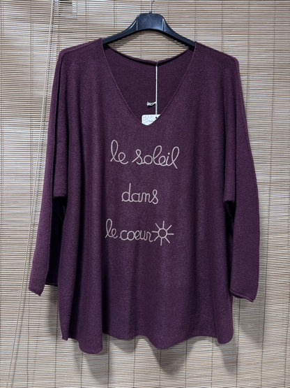 GRANDE TAILLE - Pull Le Soleil dans le Coeur bordeaux