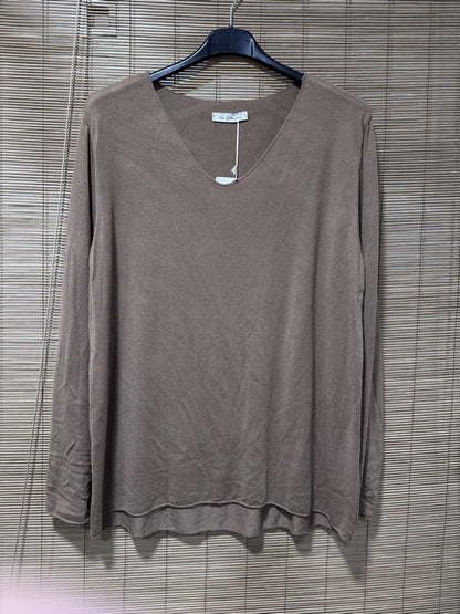 GRANDE TAILLE - Pull fin col V camel