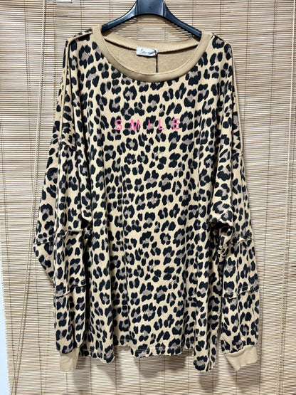 GRANDE TAILLE - Sweat léopard SMILE camel
