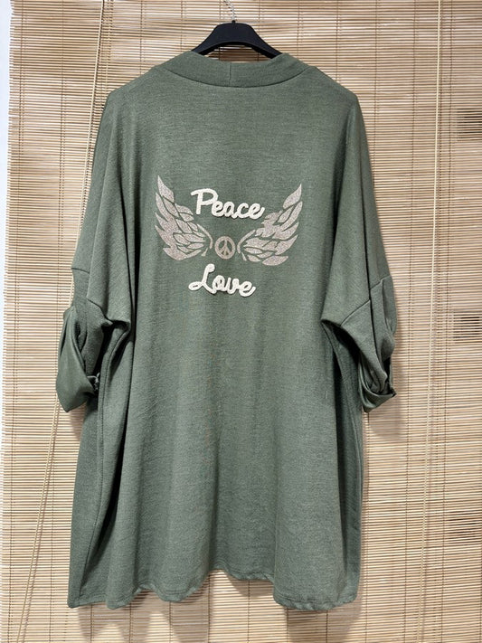 GRANDE TAILLE - Gilet long Peace&Love kaki