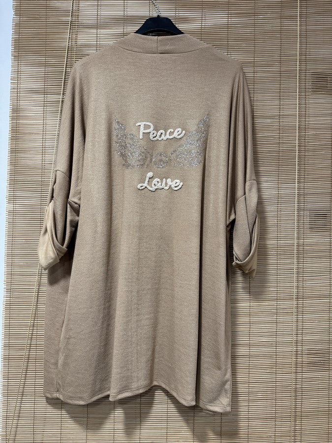 GRANDE TAILLE - Gilet long Peace&Love camel