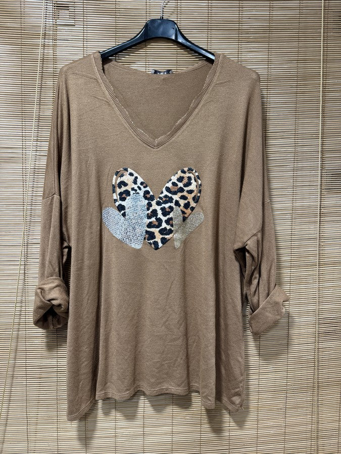 GRANDE TAILLE - Pull fin coeur léopard camel