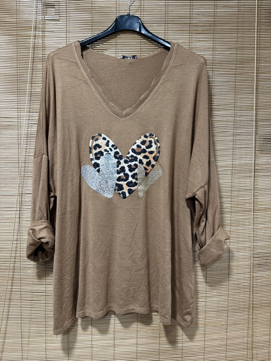 GRANDE TAILLE - Pull fin coeur léopard camel
