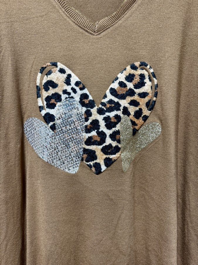 GRANDE TAILLE - Pull fin coeur léopard camel