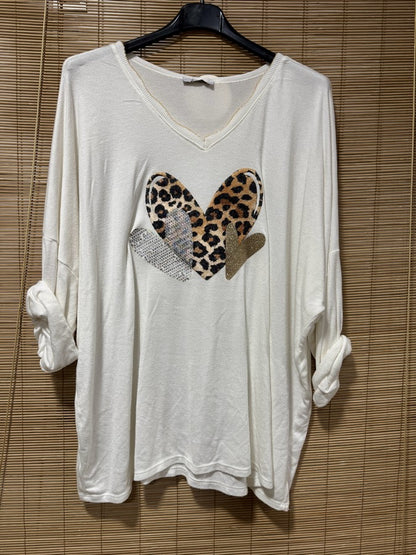 GRANDE TAILLE - Pull fin coeur léopard blanc