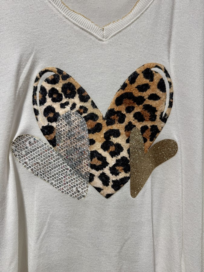 GRANDE TAILLE - Pull fin coeur léopard blanc