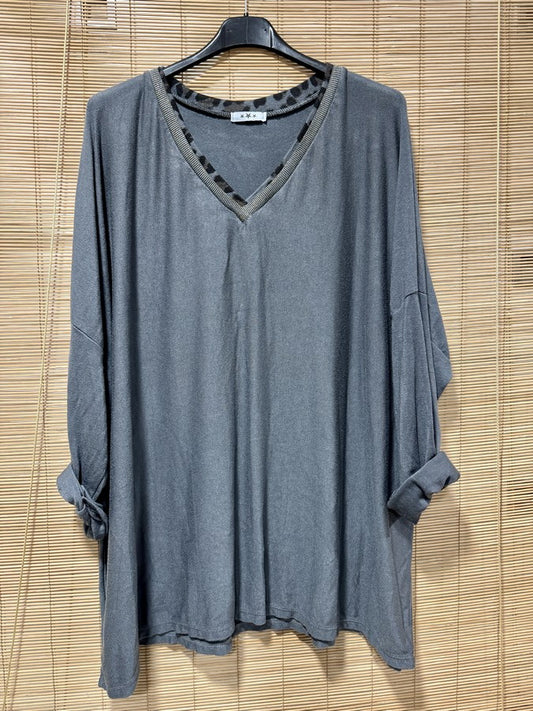 GRANDE TAILLE - Pull fin col léopard gris