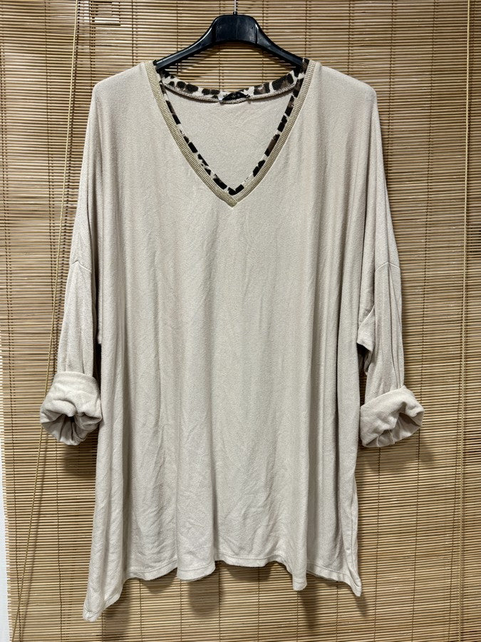 GRANDE TAILLE - Pull fin col léopard sable