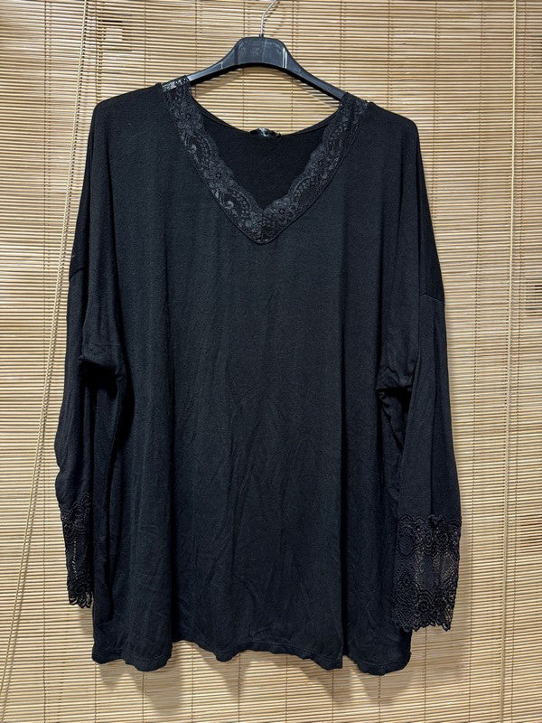 GRANDE TAILLE - Pull fin col V dentelle noir