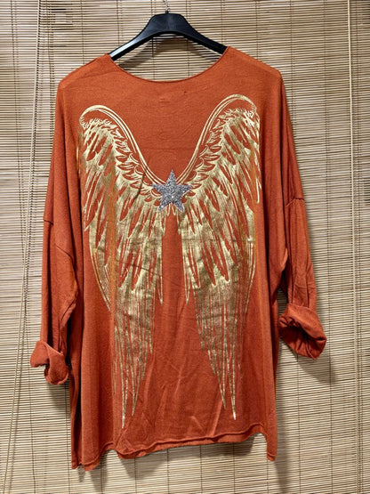 GRANDE TAILLE - Pull fin ailes dorées rouille