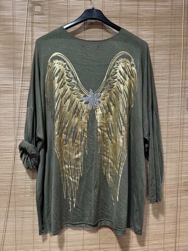 GRANDE TAILLE - Pull fin ailes dorées kaki