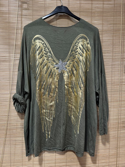 GRANDE TAILLE - Pull fin ailes dorées kaki