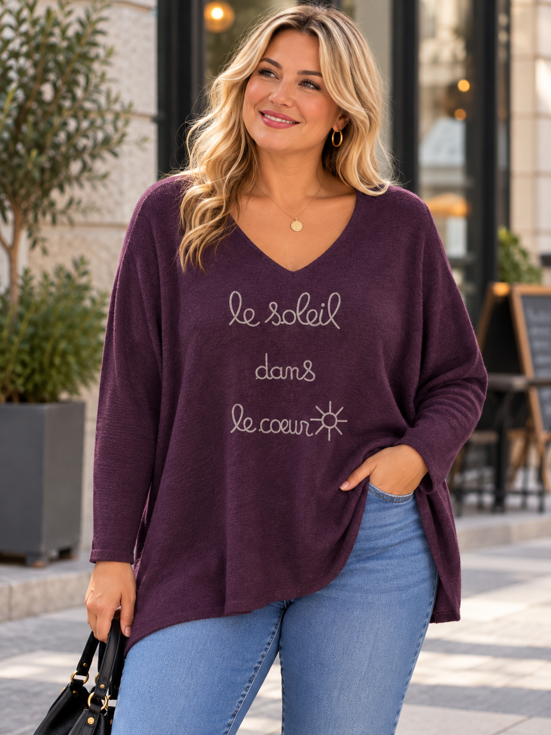 GRANDE TAILLE - Pull Le Soleil dans le Coeur bordeaux