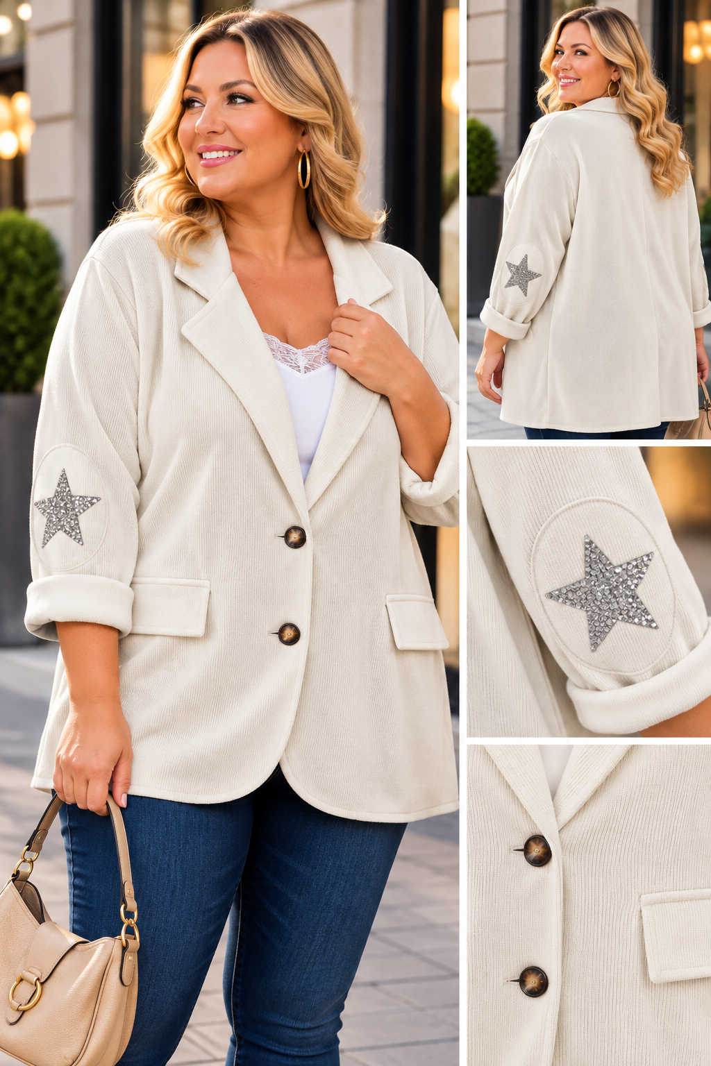 GRANDE TAILLE - Blazer velours étoiles coudes offwhite